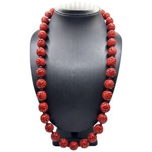 Vintage Authentic Hand-Carved Red Cinnabar Bead Necklace with Filigree Clasp 26”